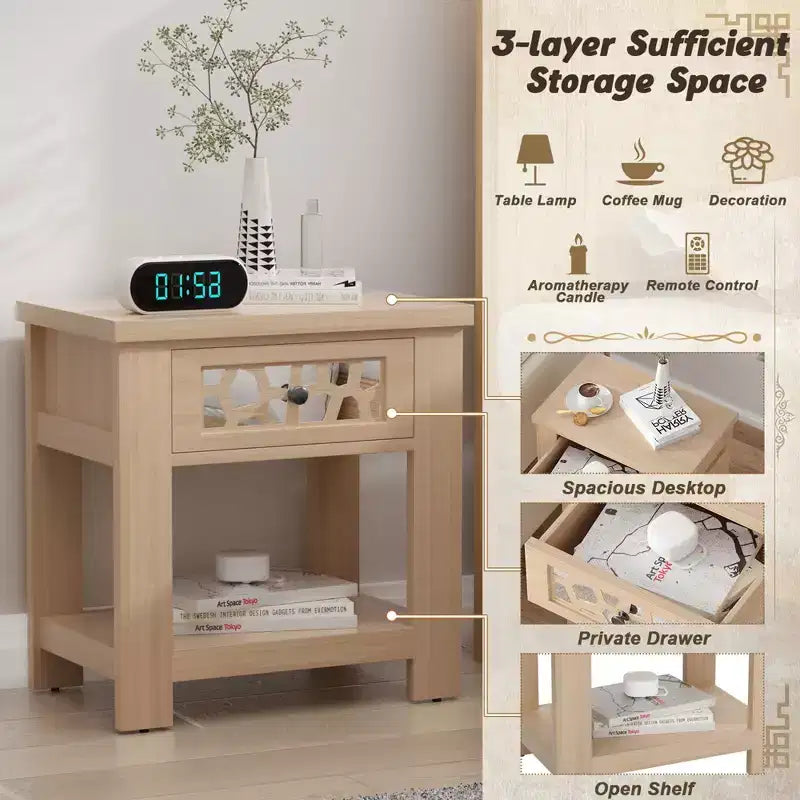 Tavolino Comodino Rustico con Cassetto a Specchio – Legno, 23.5"x15"x24"
