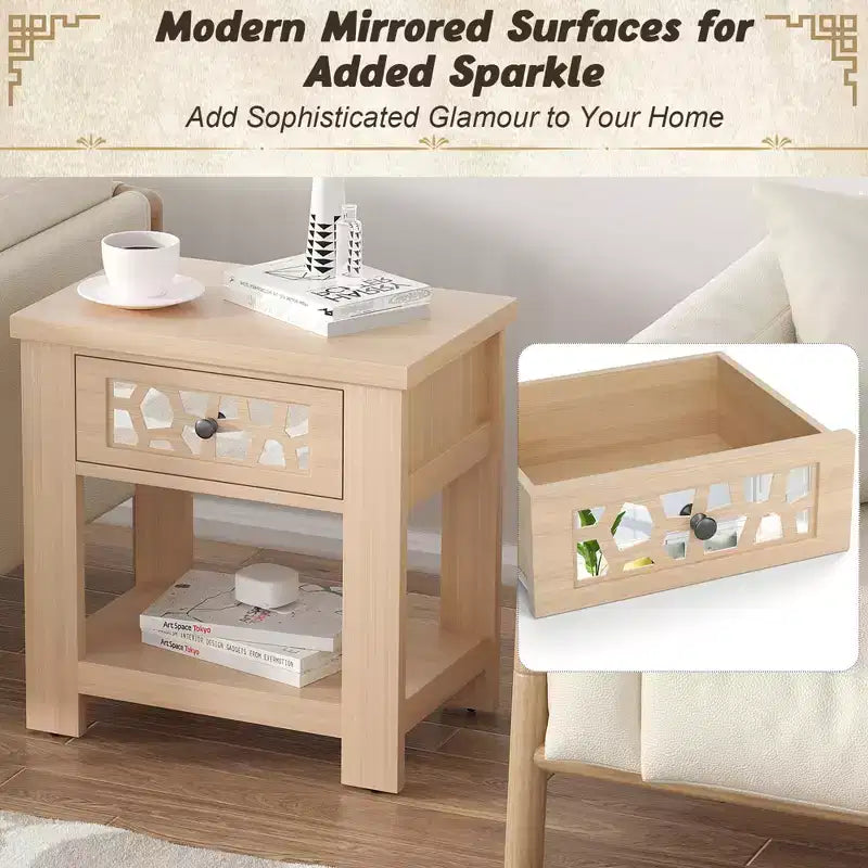 Tavolino Comodino Rustico con Cassetto a Specchio – Legno, 23.5"x15"x24"