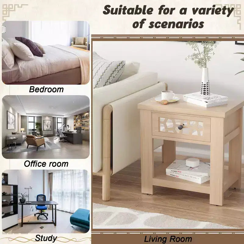 Tavolino Comodino Rustico con Cassetto a Specchio – Legno, 23.5"x15"x24"