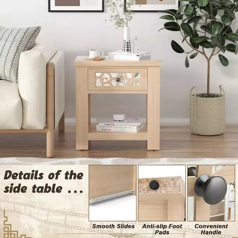 Tavolino Comodino Rustico con Cassetto a Specchio – Legno, 23.5"x15"x24"