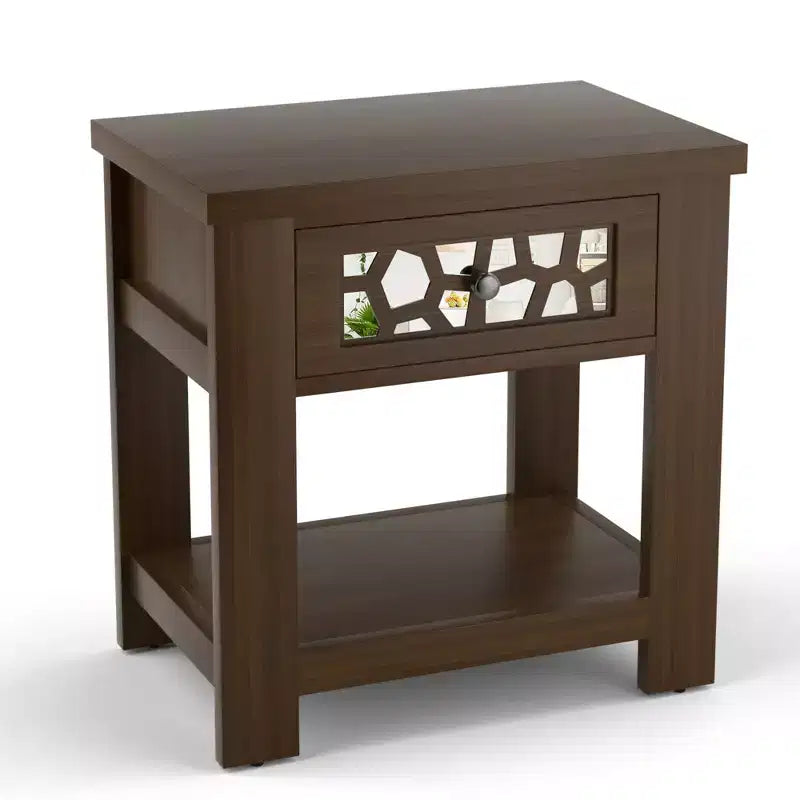 Tavolino Comodino Rustico con Cassetto a Specchio – Legno, 23.5"x15"x24"