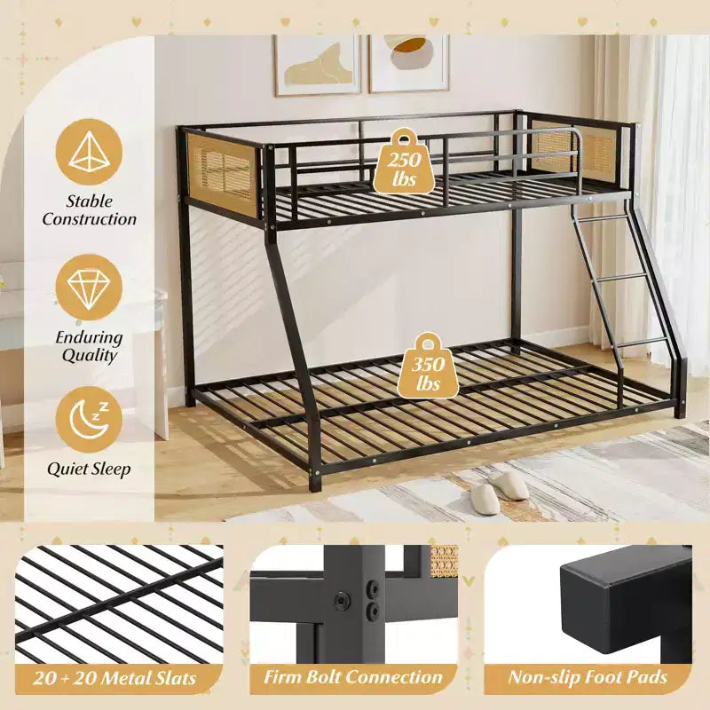 Letto a castello in metallo a basso profilo da una piazza e mezza con rattan in stile boho – capacità 272 kg