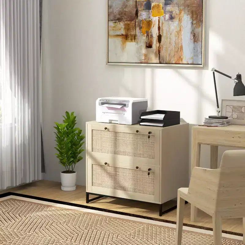 Schedario con Serratura, Mobile Classificatore Boho a 2 Cassetti con Barra Appendice Regolabile per Formati Letter, A4 e Legali