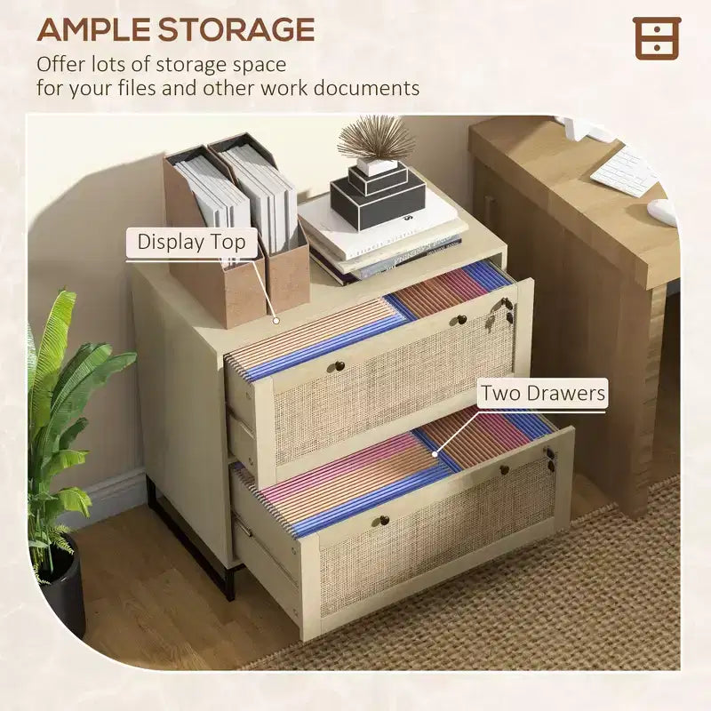 Schedario con Serratura, Mobile Classificatore Boho a 2 Cassetti con Barra Appendice Regolabile per Formati Letter, A4 e Legali