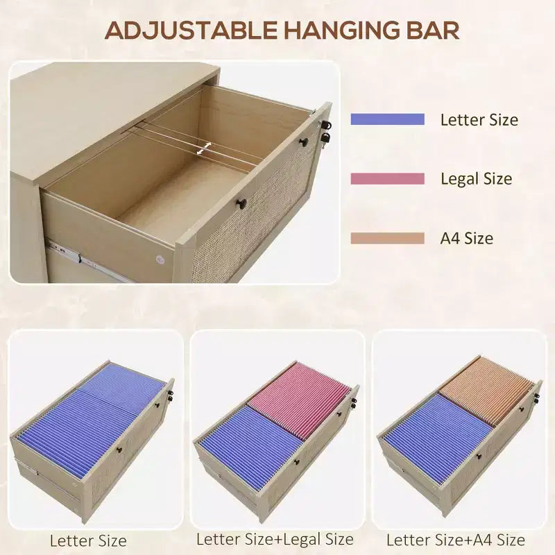 Schedario con Serratura, Mobile Classificatore Boho a 2 Cassetti con Barra Appendice Regolabile per Formati Letter, A4 e Legali