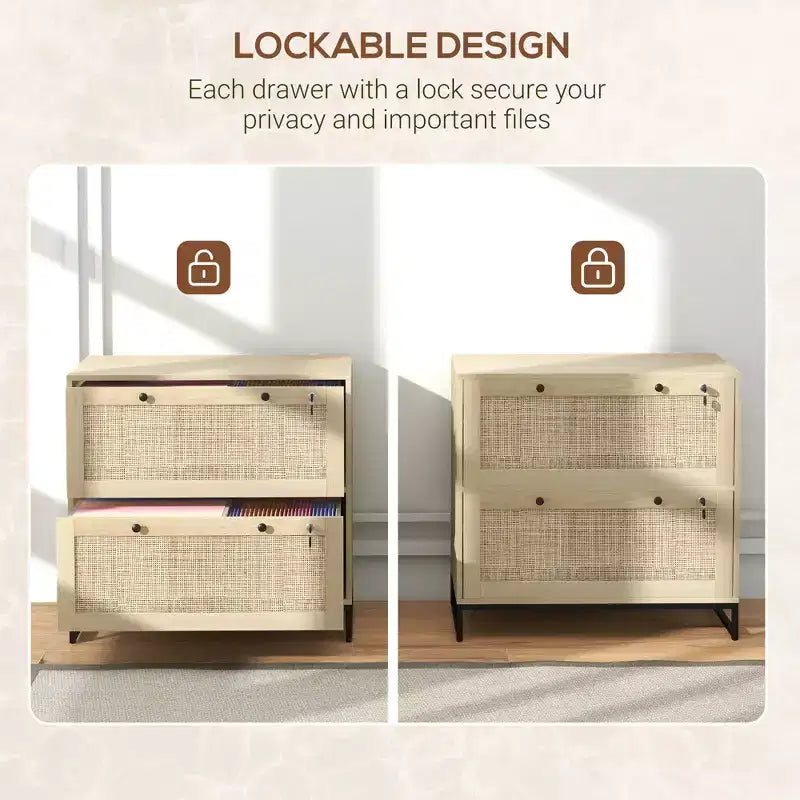 Schedario con Serratura, Mobile Classificatore Boho a 2 Cassetti con Barra Appendice Regolabile per Formati Letter, A4 e Legali