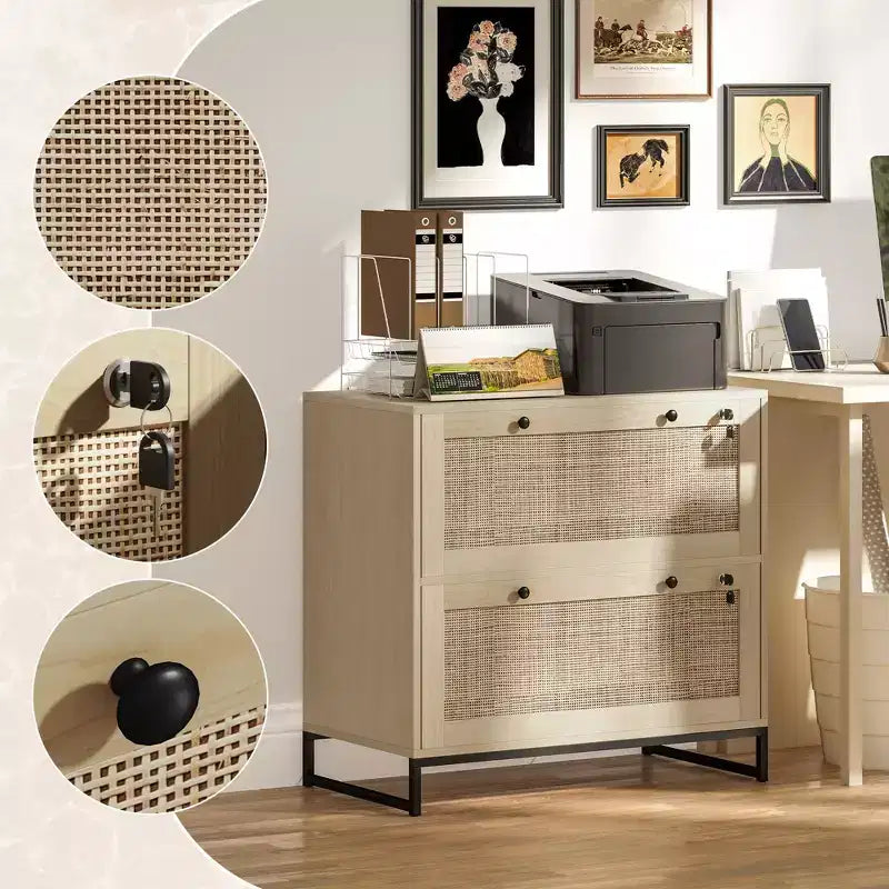Schedario con Serratura, Mobile Classificatore Boho a 2 Cassetti con Barra Appendice Regolabile per Formati Letter, A4 e Legali