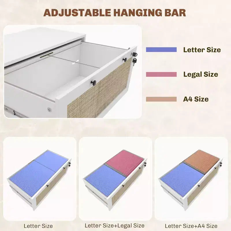 Schedario con Serratura, Mobile Classificatore Boho a 2 Cassetti con Barra Appendice Regolabile per Formati Letter, A4 e Legali