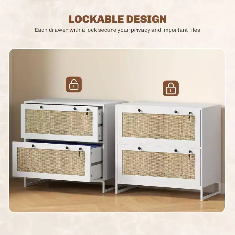 Schedario con Serratura, Mobile Classificatore Boho a 2 Cassetti con Barra Appendice Regolabile per Formati Letter, A4 e Legali