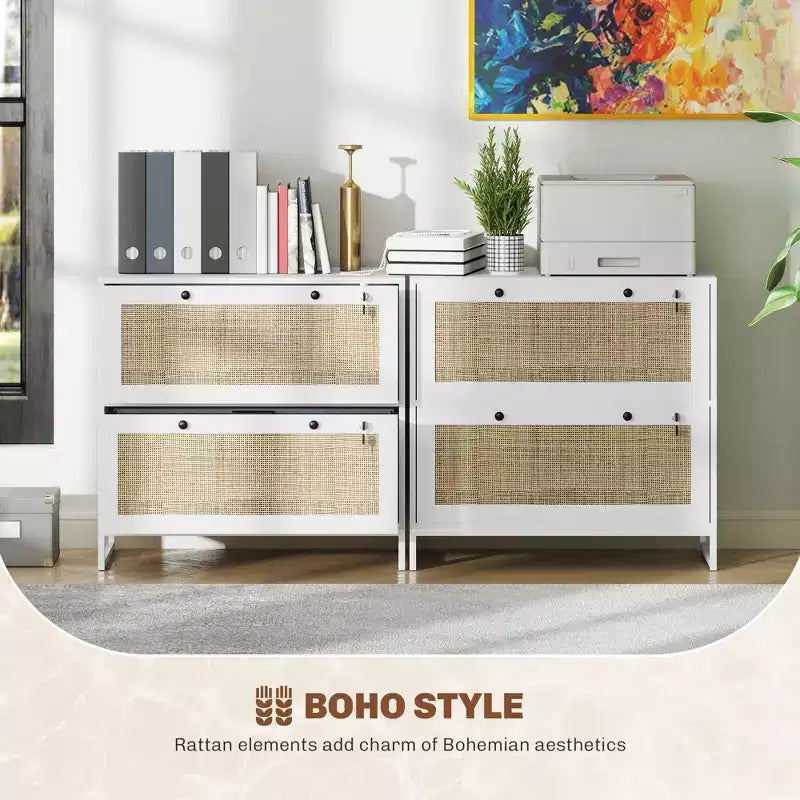 Schedario con Serratura, Mobile Classificatore Boho a 2 Cassetti con Barra Appendice Regolabile per Formati Letter, A4 e Legali
