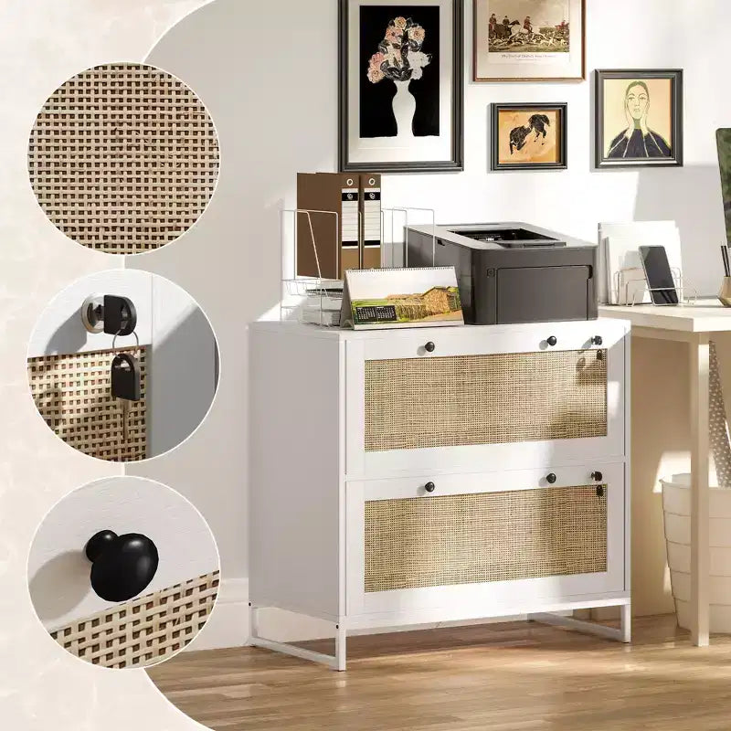 Schedario con Serratura, Mobile Classificatore Boho a 2 Cassetti con Barra Appendice Regolabile per Formati Letter, A4 e Legali