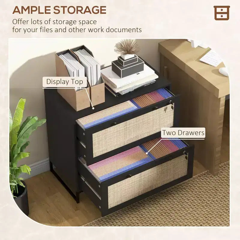 Schedario con Serratura, Mobile Classificatore Boho a 2 Cassetti con Barra Appendice Regolabile per Formati Letter, A4 e Legali