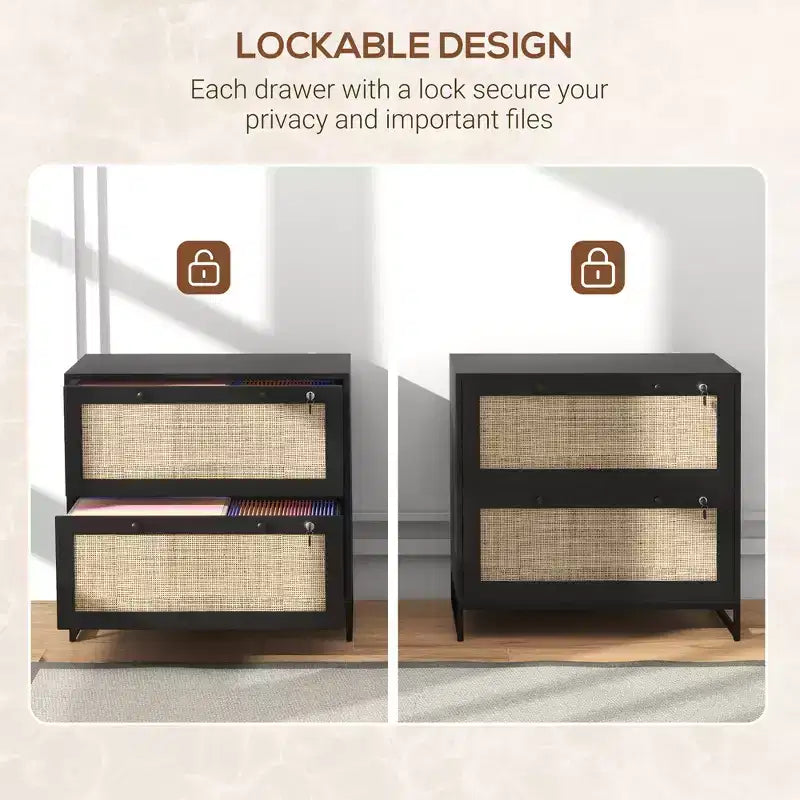Schedario con Serratura, Mobile Classificatore Boho a 2 Cassetti con Barra Appendice Regolabile per Formati Letter, A4 e Legali