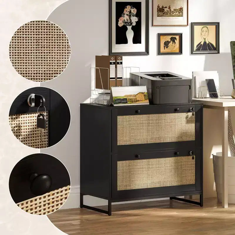 Schedario con Serratura, Mobile Classificatore Boho a 2 Cassetti con Barra Appendice Regolabile per Formati Letter, A4 e Legali