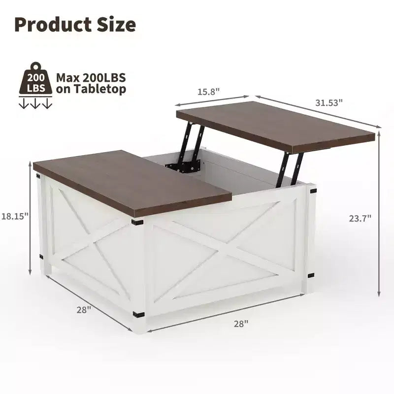 Tavolino da salotto con piano sollevabile e vano portaoggetti, design industriale quadrato con decorazioni a X, durevole ed elegante