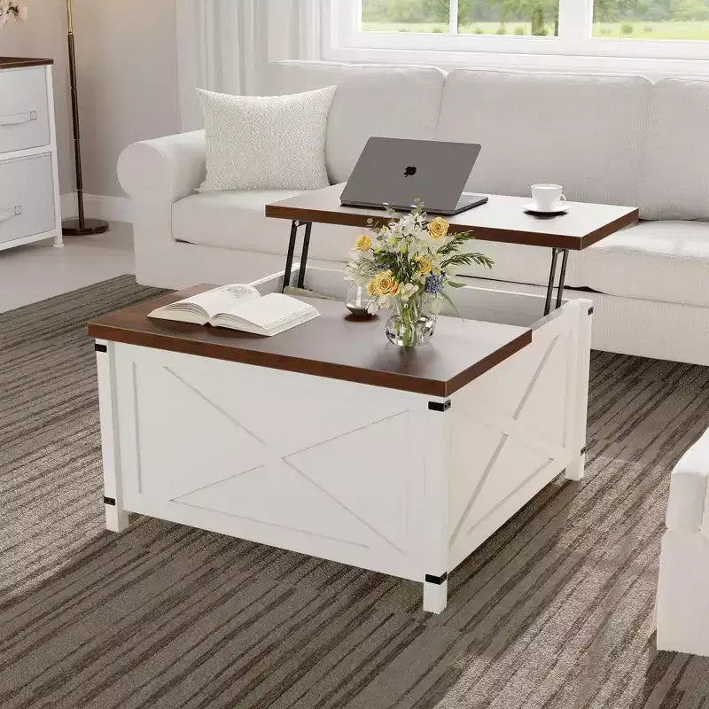 Tavolino da salotto con piano sollevabile e vano portaoggetti, design industriale quadrato con decorazioni a X, durevole ed elegante