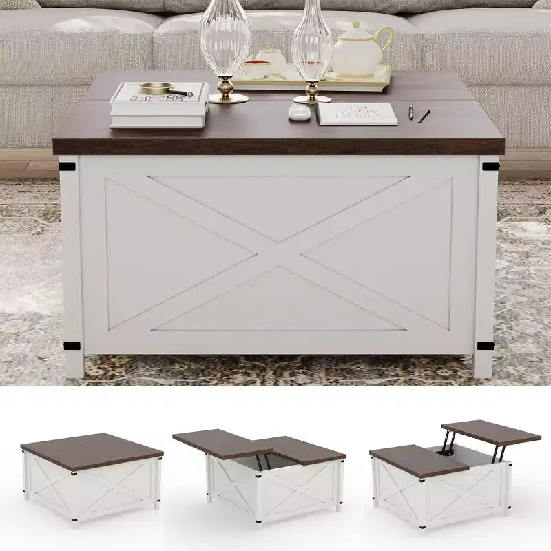 Tavolino da salotto con piano sollevabile e vano portaoggetti, design industriale quadrato con decorazioni a X, durevole ed elegante