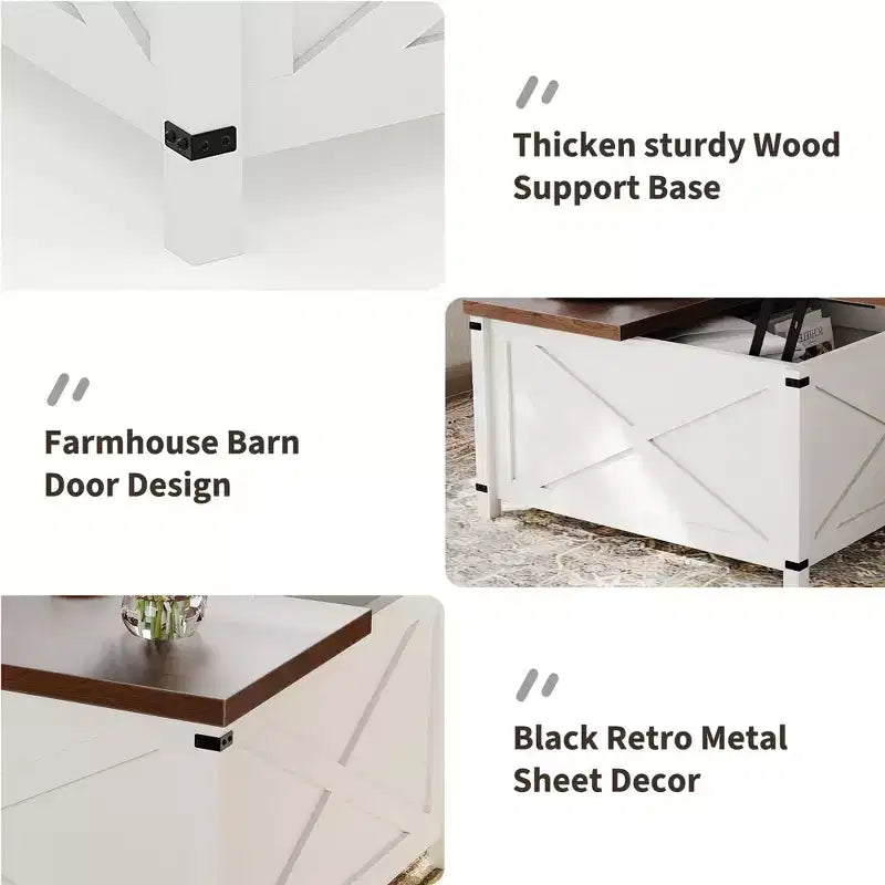Tavolino da salotto con piano sollevabile e vano portaoggetti, design industriale quadrato con decorazioni a X, durevole ed elegante