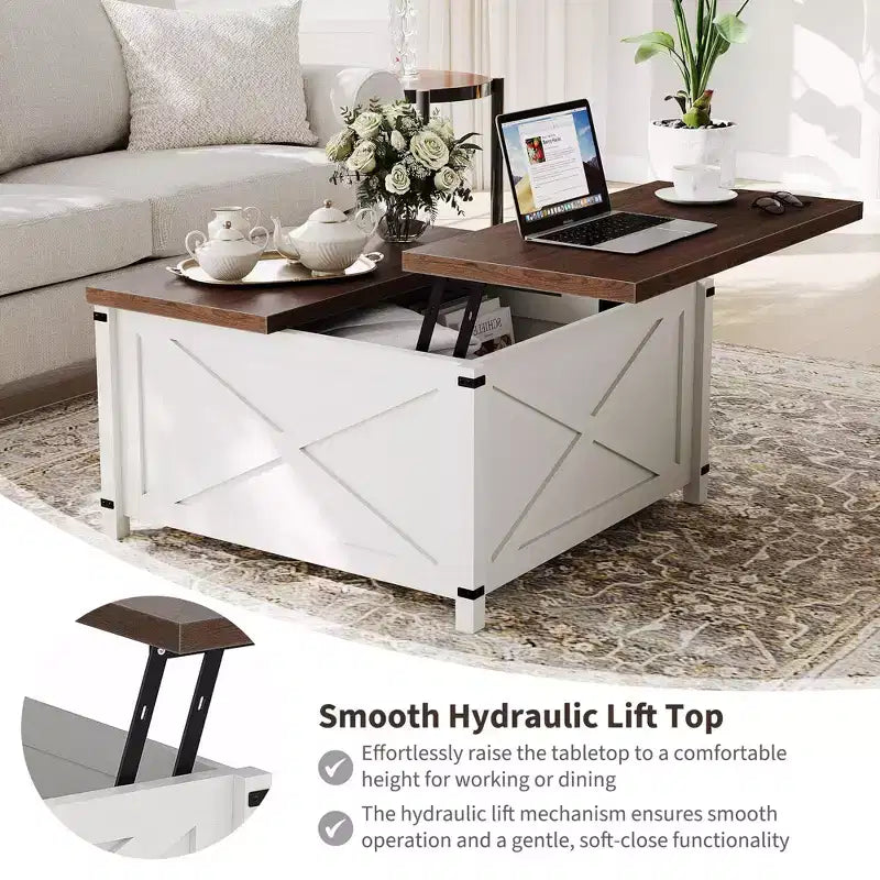 Tavolino da salotto con piano sollevabile e vano portaoggetti, design industriale quadrato con decorazioni a X, durevole ed elegante