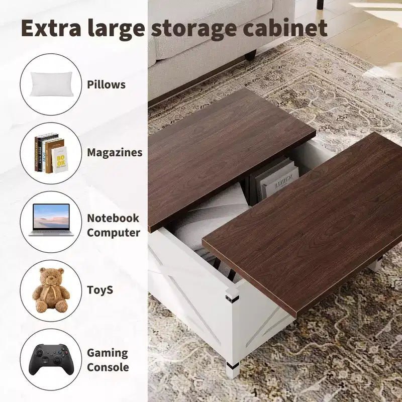 Tavolino da salotto con piano sollevabile e vano portaoggetti, design industriale quadrato con decorazioni a X, durevole ed elegante