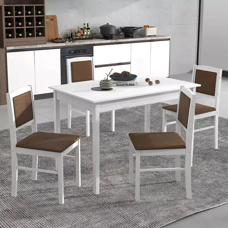 Set da Pranzo 5 Pezzi per 4 Persone – Gambe in Legno di Gomma, Sedie Imbottite Rivestite