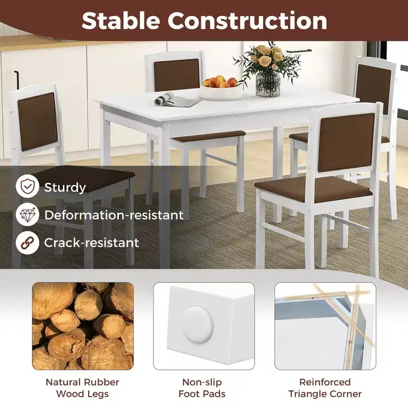 Set da Pranzo 5 Pezzi per 4 Persone – Gambe in Legno di Gomma, Sedie Imbottite Rivestite