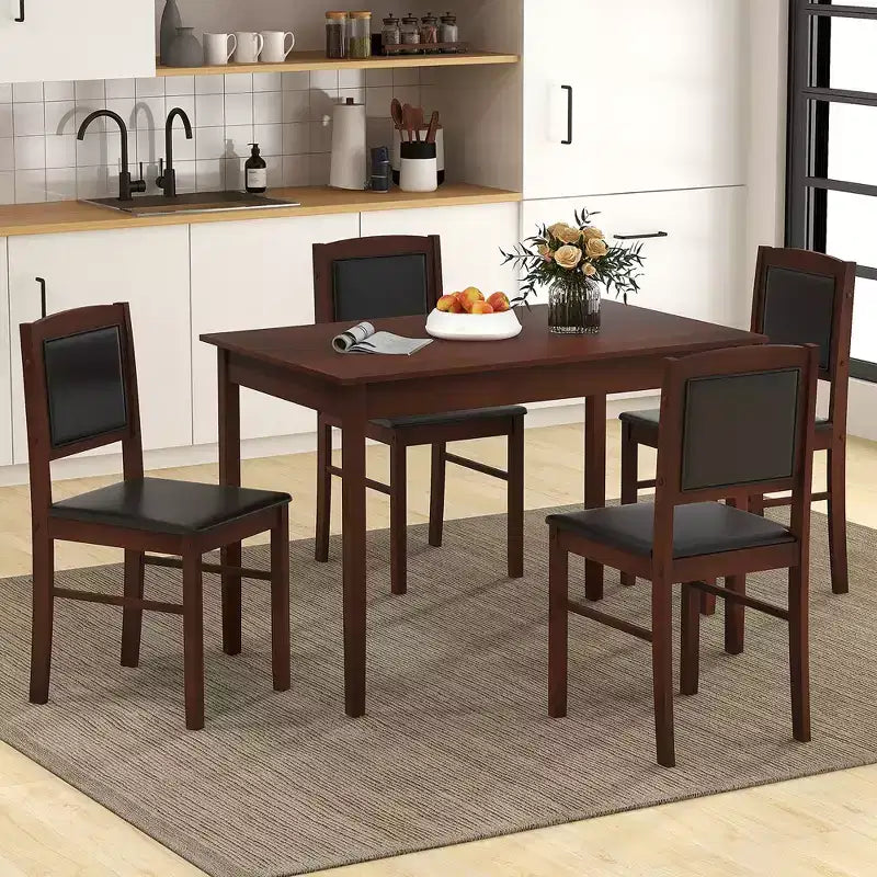 Set da Pranzo 5 Pezzi per 4 Persone – Gambe in Legno di Gomma, Sedie Imbottite Rivestite