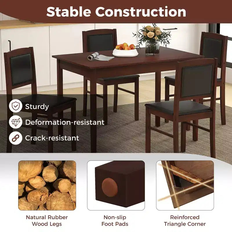 Set da Pranzo 5 Pezzi per 4 Persone – Gambe in Legno di Gomma, Sedie Imbottite Rivestite