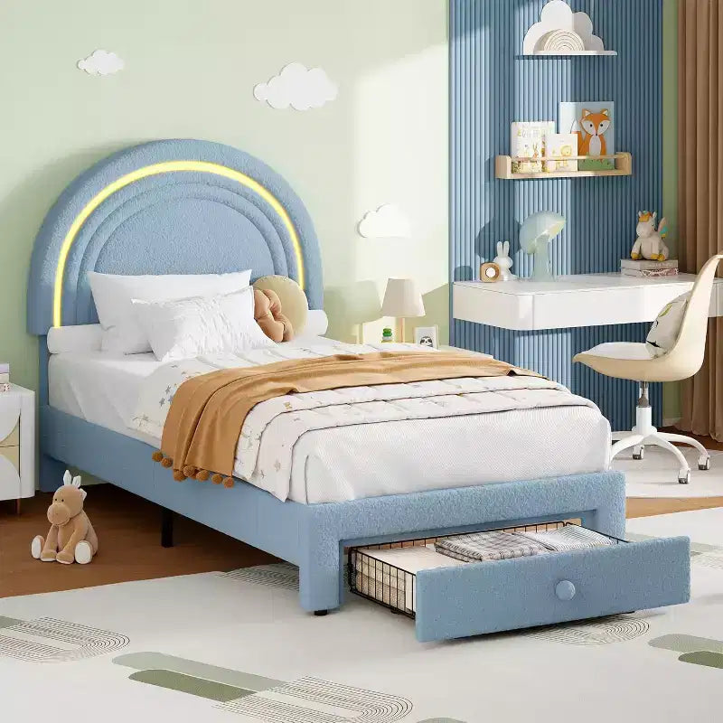 Struttura letto imbottita singola con cassetto portaoggetti e testiera arcobaleno per bambini, supporto a doghe in legno massiccio, non è necessario il box spring, facile da montare