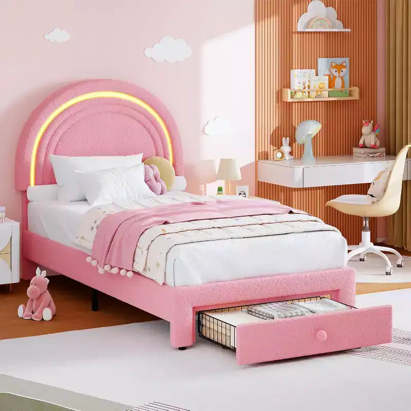 Struttura letto imbottita singola con cassetto portaoggetti e testiera arcobaleno per bambini, supporto a doghe in legno massiccio, non è necessario il box spring, facile da montare