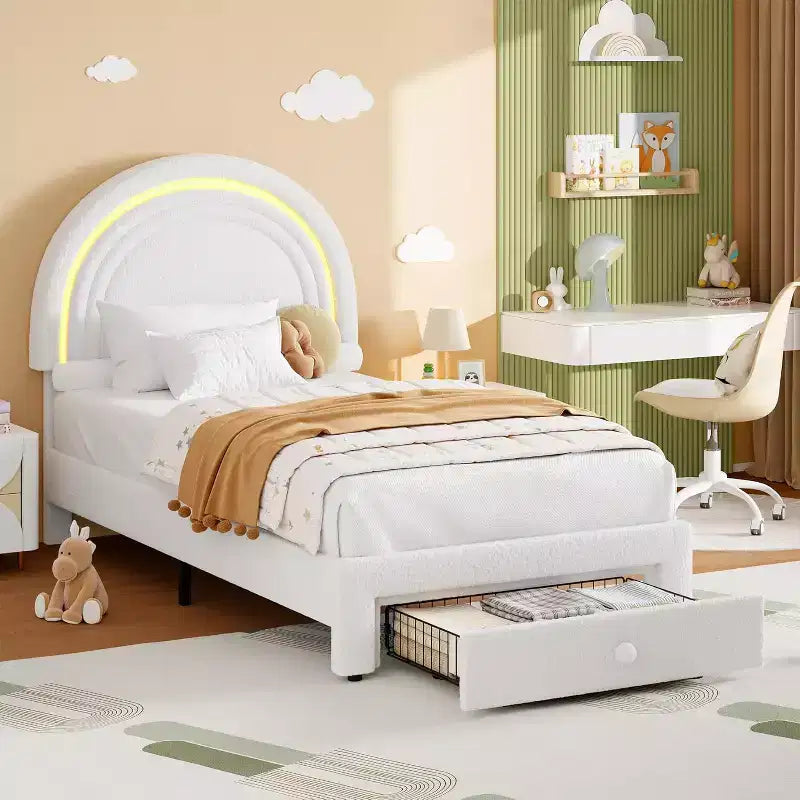 Struttura letto imbottita singola con cassetto portaoggetti e testiera arcobaleno per bambini, supporto a doghe in legno massiccio, non è necessario il box spring, facile da montare