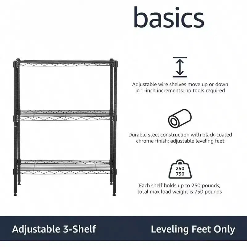 Scaffale portaoggetti in filo di acciaio resistente regolabile a 3 ripiani, organizer per cucina e garage, nero, 23,2 pollici L x 13,4 pollici P x 30 pollici H