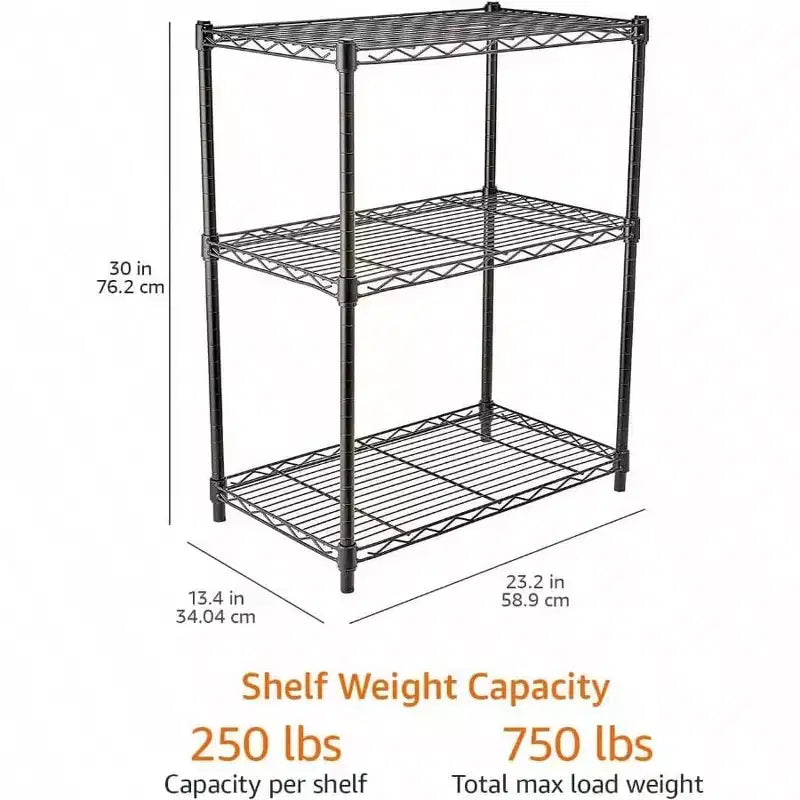 Scaffale portaoggetti in filo di acciaio resistente regolabile a 3 ripiani, organizer per cucina e garage, nero, 23,2 pollici L x 13,4 pollici P x 30 pollici H