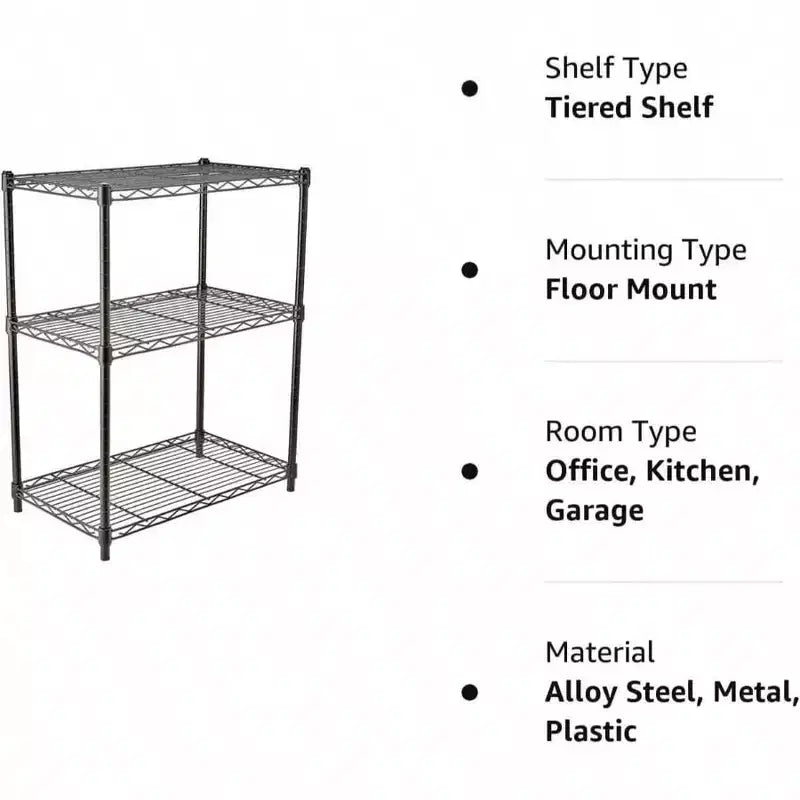 Scaffale portaoggetti in filo di acciaio resistente regolabile a 3 ripiani, organizer per cucina e garage, nero, 23,2 pollici L x 13,4 pollici P x 30 pollici H