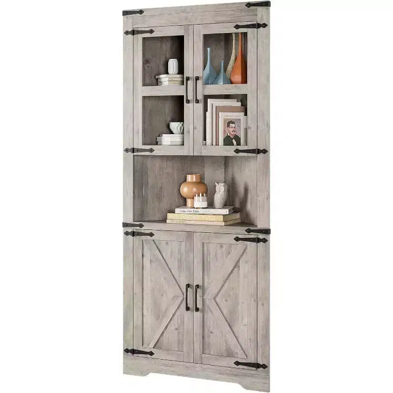 Pensile angolare alto, Armadietto angolare stile rustico con anta in vetro e ripiani regolabili, Salvaspazio, Grigio