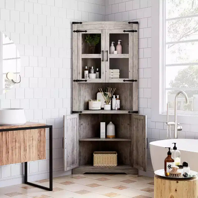 Pensile angolare alto, Armadietto angolare stile rustico con anta in vetro e ripiani regolabili, Salvaspazio, Grigio