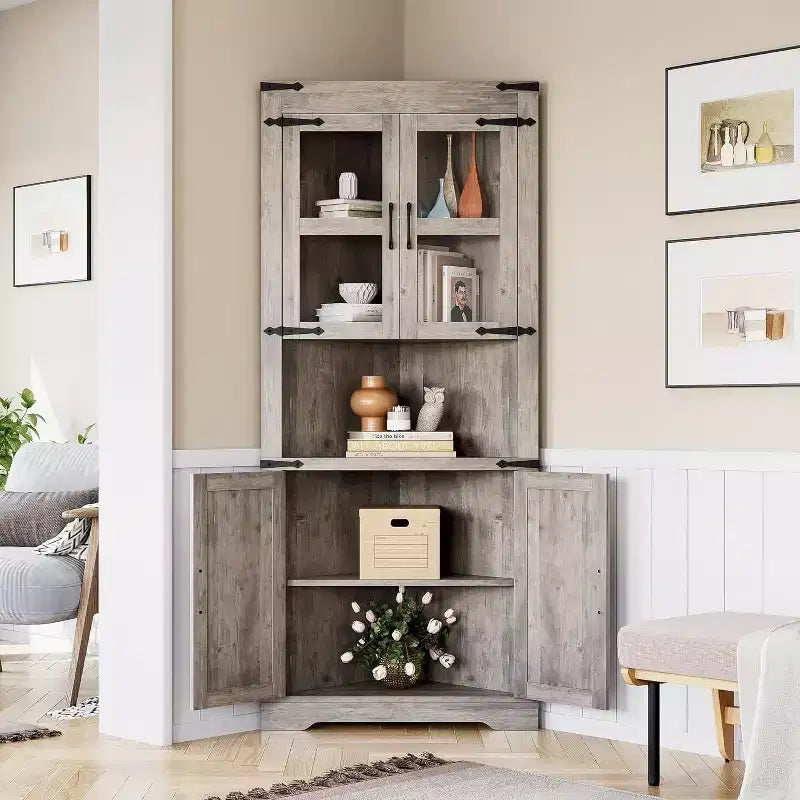 Pensile angolare alto, Armadietto angolare stile rustico con anta in vetro e ripiani regolabili, Salvaspazio, Grigio