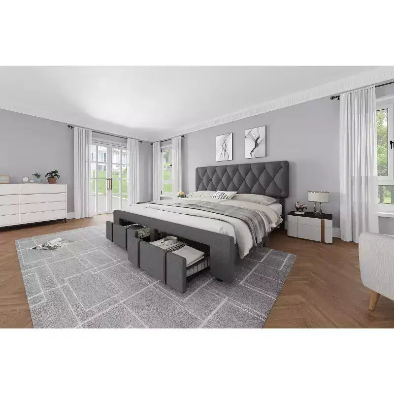 Struttura Letto Matrimoniale Beige, Imbottita con Cassetti Contenitore, Base Materasso, Supporto con Solide Doghe in Legno, Nessuna Rete a Molle Necessaria