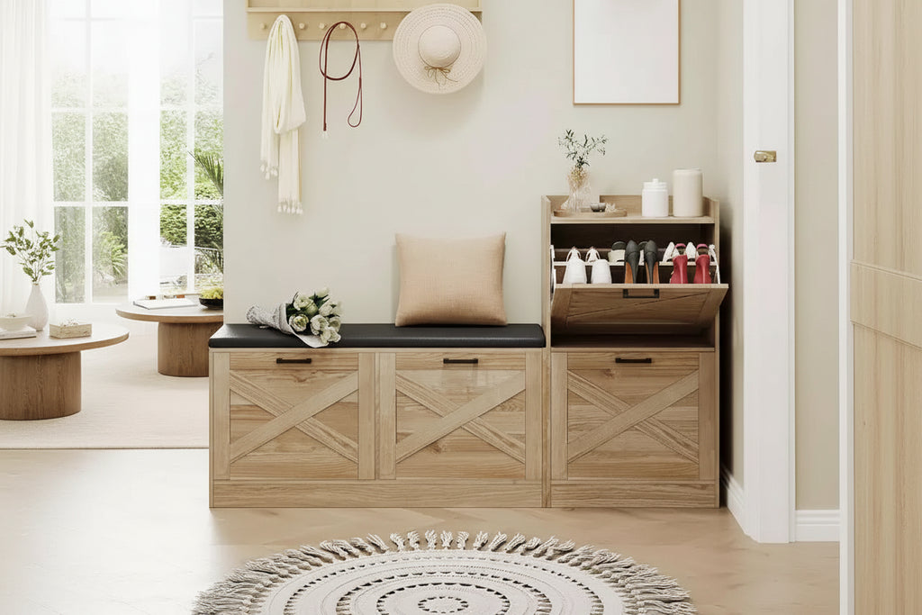 Shoe Storage Bench with 4 Flip Drawers & Padded Seat Cushion, Wooden Narrow Hidden Shoe Cabinet Organizer
