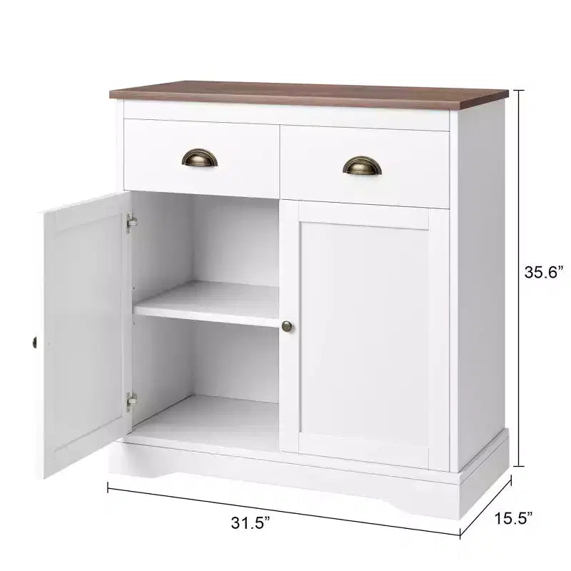 Mobile buffet con contenitore, mobile bar da fattoria con 2 ante e 2 cassetti, credenza da cucina in legno bianco
