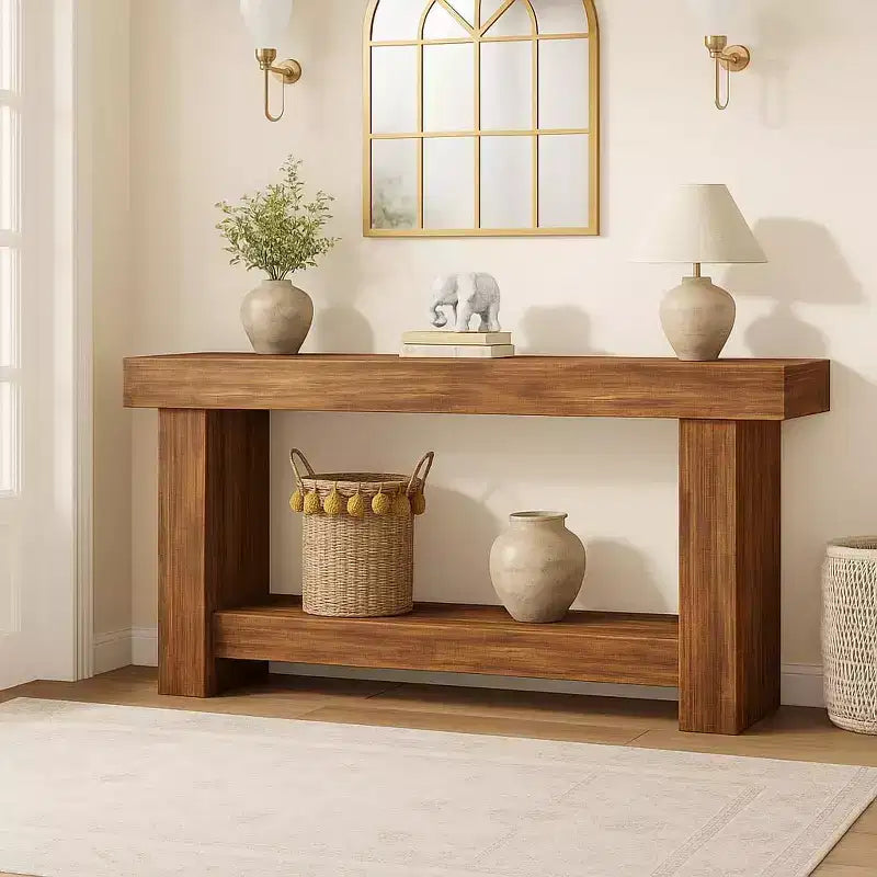 Console da tavolo in legno a 2 ripiani "Farmhouse" da 63" con ripiano portaoggetti