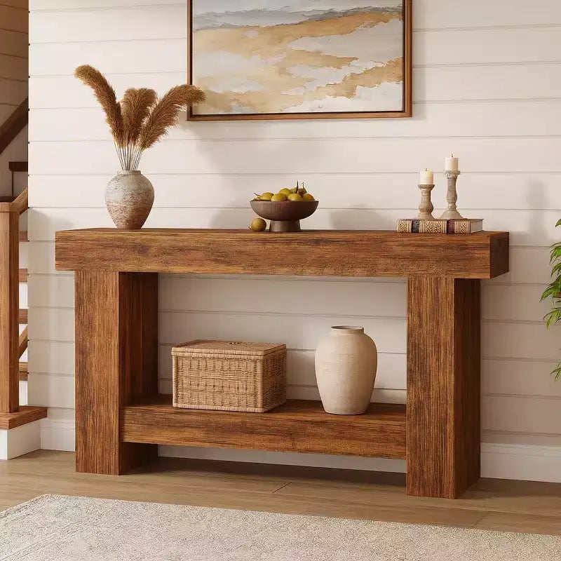 Console da tavolo in legno a 2 ripiani "Farmhouse" da 63" con ripiano portaoggetti