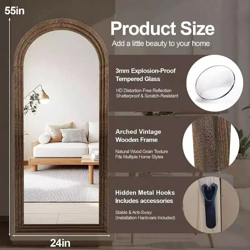 Specchio ad Arco a Figura Intera con Cornice in Legno Massello Marrone 55x24 Specchio da Terra da Parete in Stile Rustico da Appendere Verticale per Camera da Letto