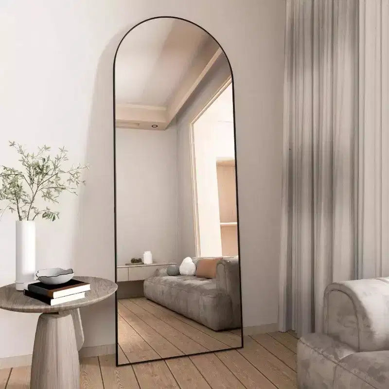 Specchio ad arco da 56 pollici, specchio da pavimento con supporto, specchio nero a figura intera da appoggio o da inclinare per camera da letto e soggiorno