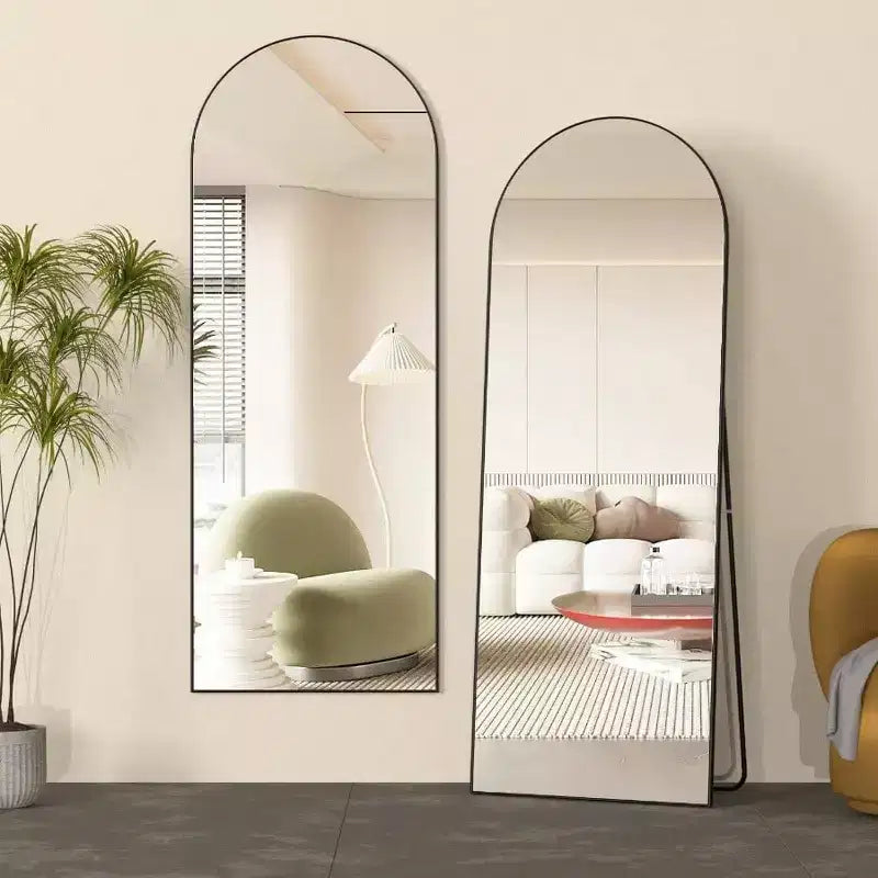 Specchio ad arco da 56 pollici, specchio da pavimento con supporto, specchio nero a figura intera da appoggio o da inclinare per camera da letto e soggiorno