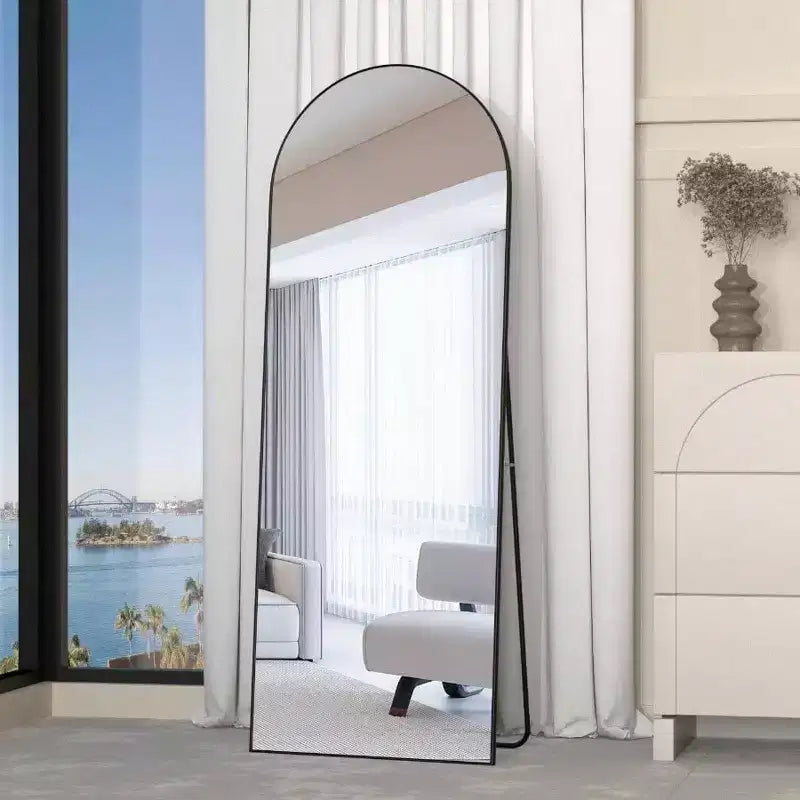 Specchio ad arco da 56 pollici, specchio da pavimento con supporto, specchio nero a figura intera da appoggio o da inclinare per camera da letto e soggiorno