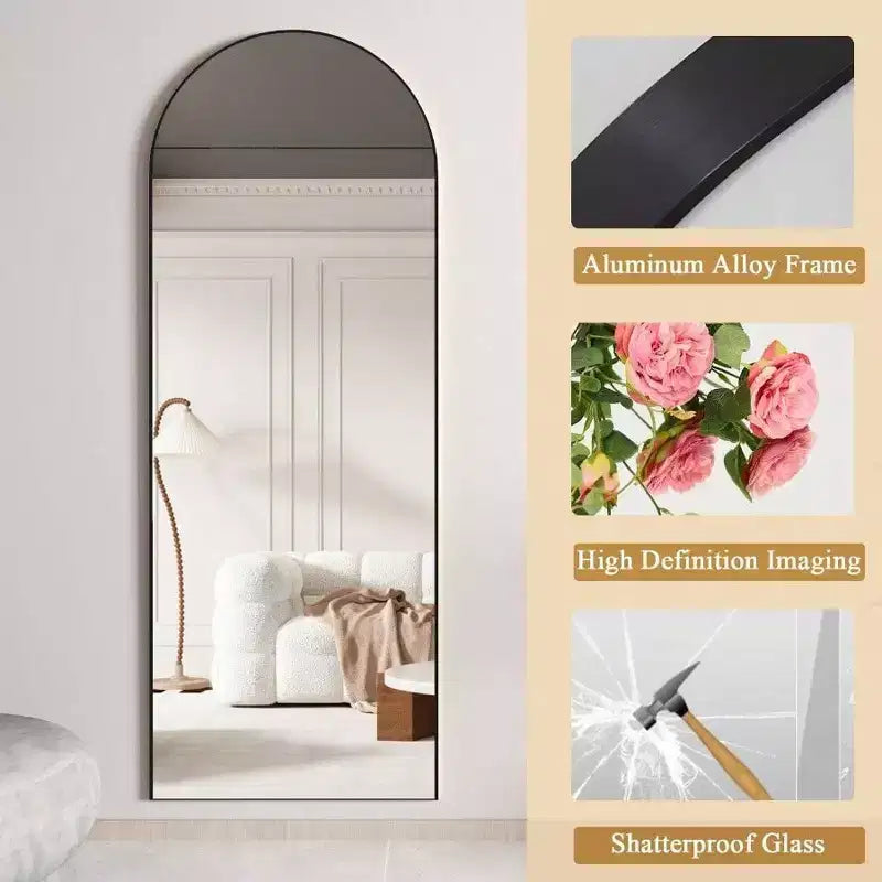 Specchio ad arco da 56 pollici, specchio da pavimento con supporto, specchio nero a figura intera da appoggio o da inclinare per camera da letto e soggiorno