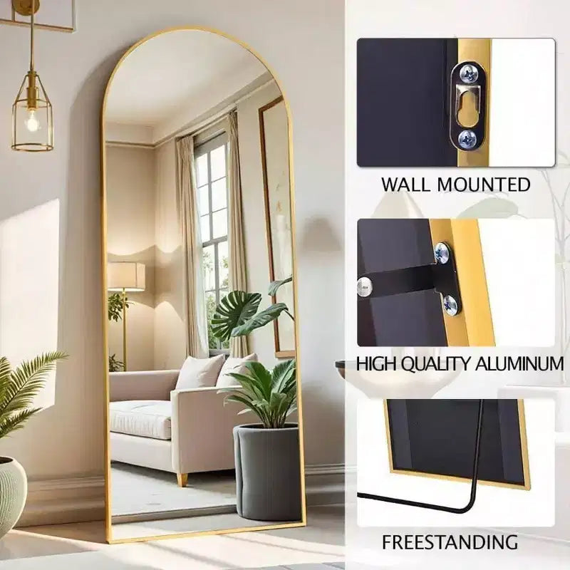 Specchio a figura intera ad arco da 58x18 pollici, da terra o a parete con supporto, cornice in alluminio, vetro infrangibile, colore oro