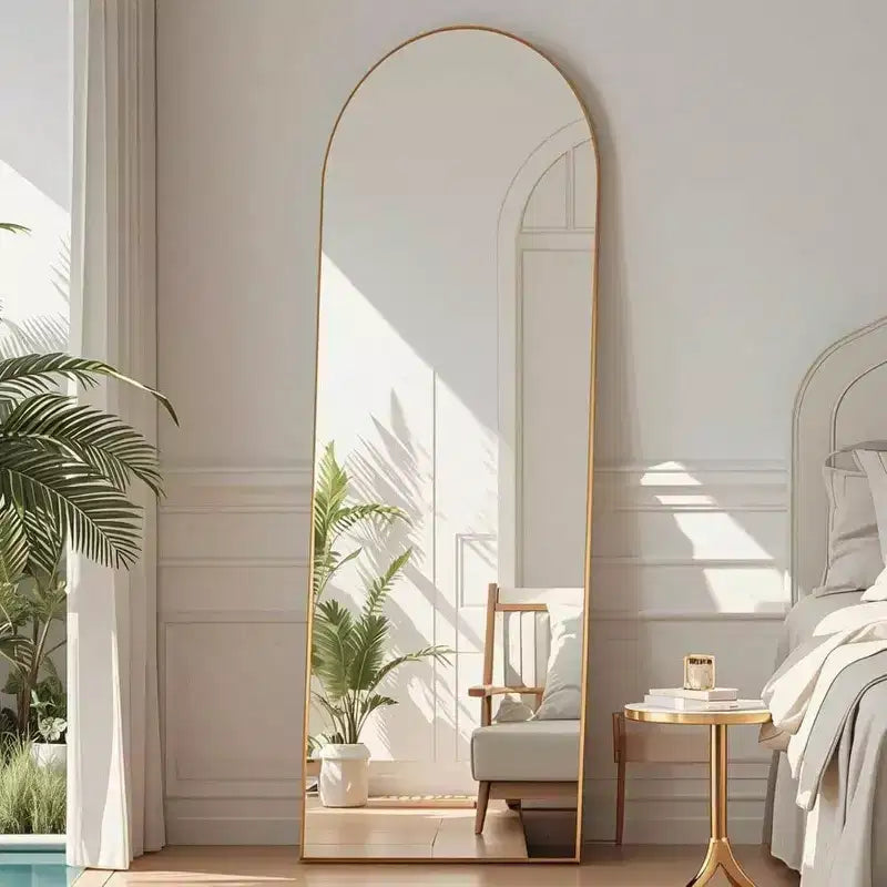 Specchio a figura intera ad arco da 58x18 pollici, da terra o a parete con supporto, cornice in alluminio, vetro infrangibile, colore oro