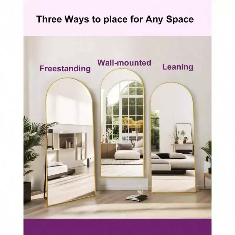 Specchio a figura intera ad arco da 58x18 pollici, da terra o a parete con supporto, cornice in alluminio, vetro infrangibile, colore oro